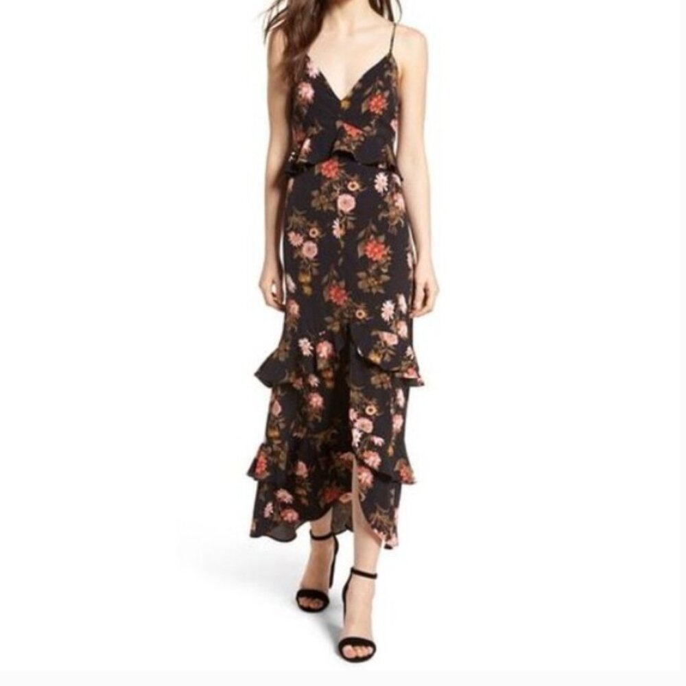 Lush Black Floral Tiered Slit Front Maxi Dress